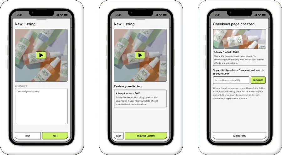 3 phones showing various steps of the New Listing flow