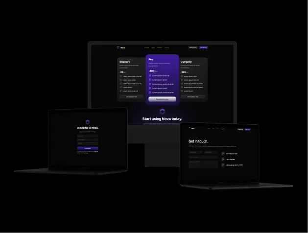 computers showing various screens of the Nova website such as the login, pricing, and contact page