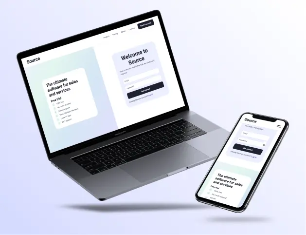 a computer and a phone showing the Sign Up pages of Source website