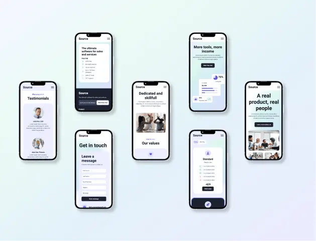 7 phones displaying the Source website